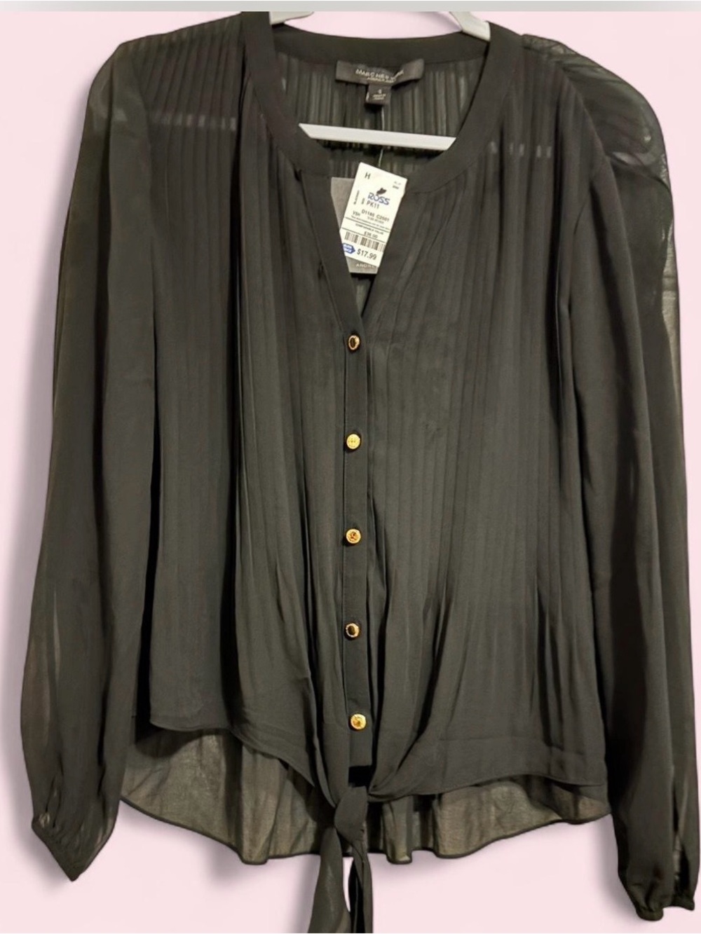 Marc New York Black Sheer Pintuck Blouse with Gold Buttons